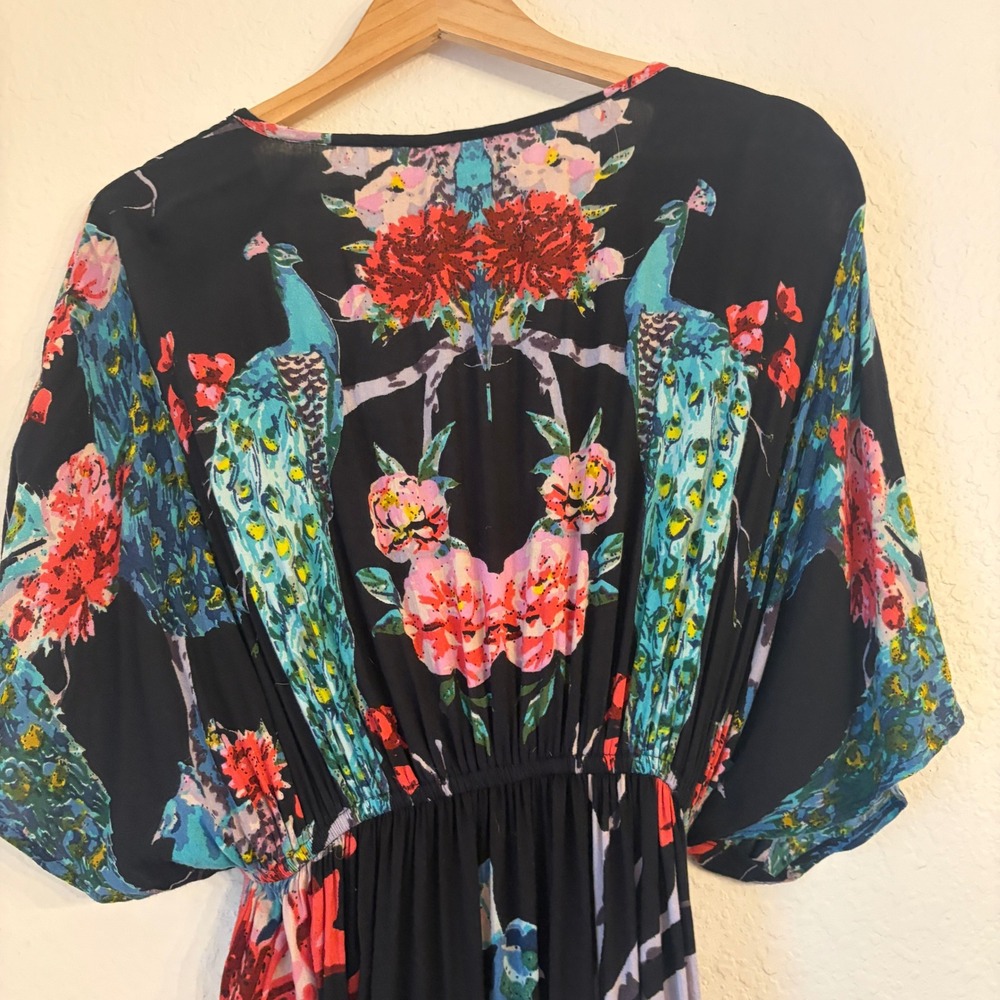 World Market Maxi Kaftan Dress S/M Boho Peacock Floral Coverup Resort Vacation - Picture 5 of 10